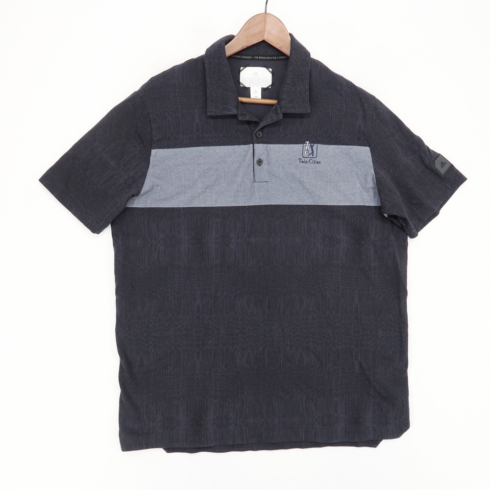 Adidas Golf Polo Shirt Mens XL Black Gray Striped Short Sleeve TPC Twin Cities